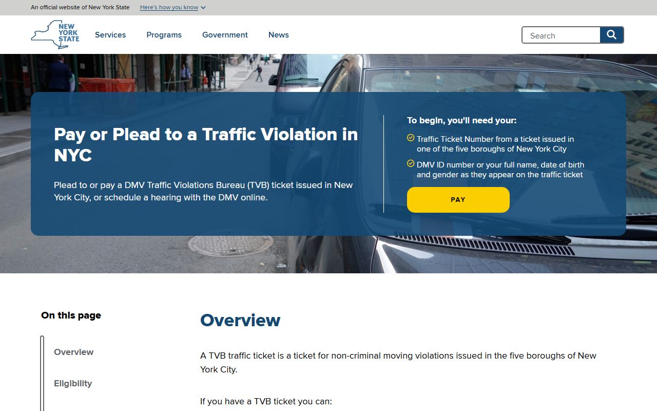 New York City traffic violation payment portal for traffic ticket records