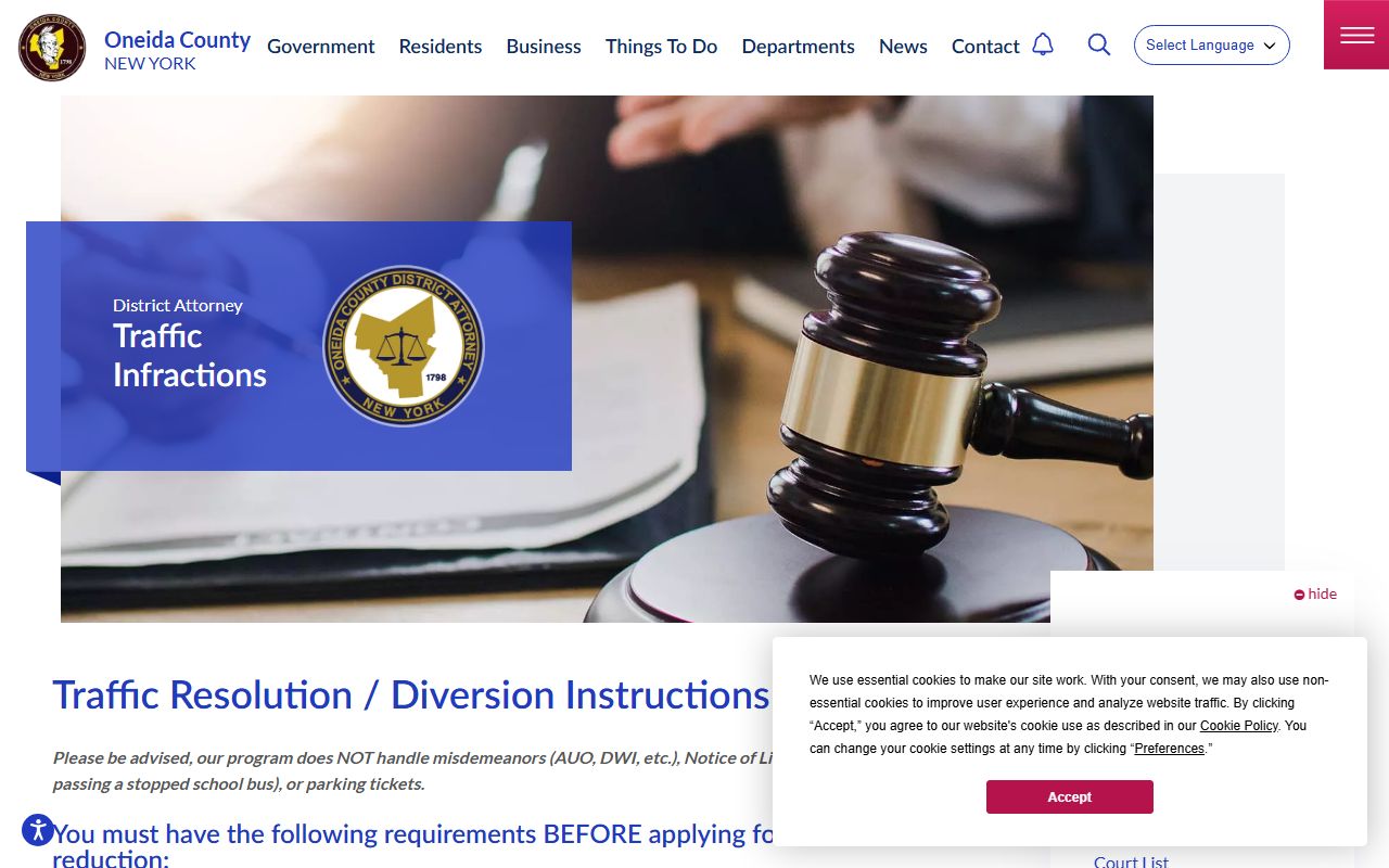 Oneida County DA traffic infractions portal for Utica ticket records
