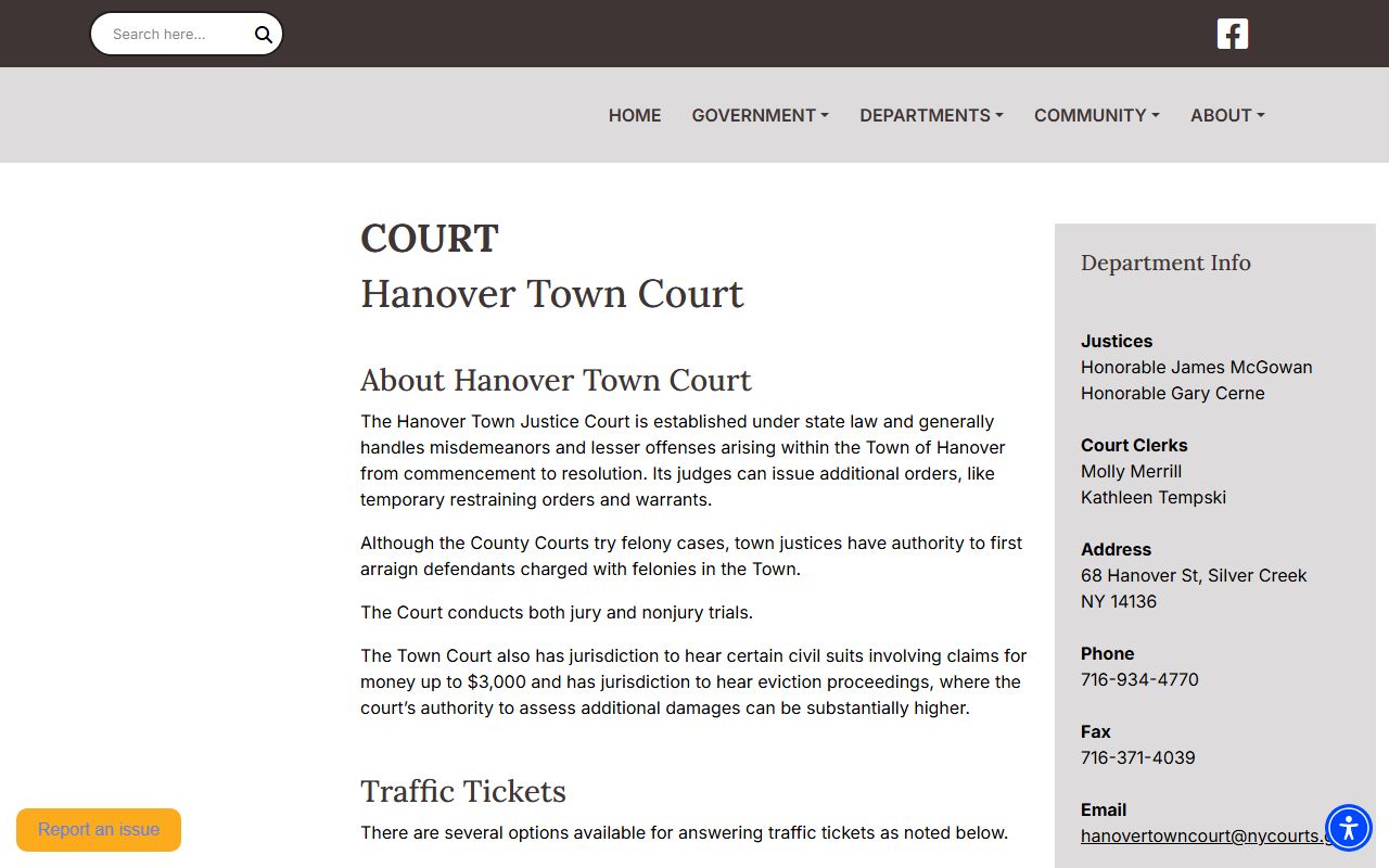 Hanover Town Court information for Chautauqua County traffic ticket records