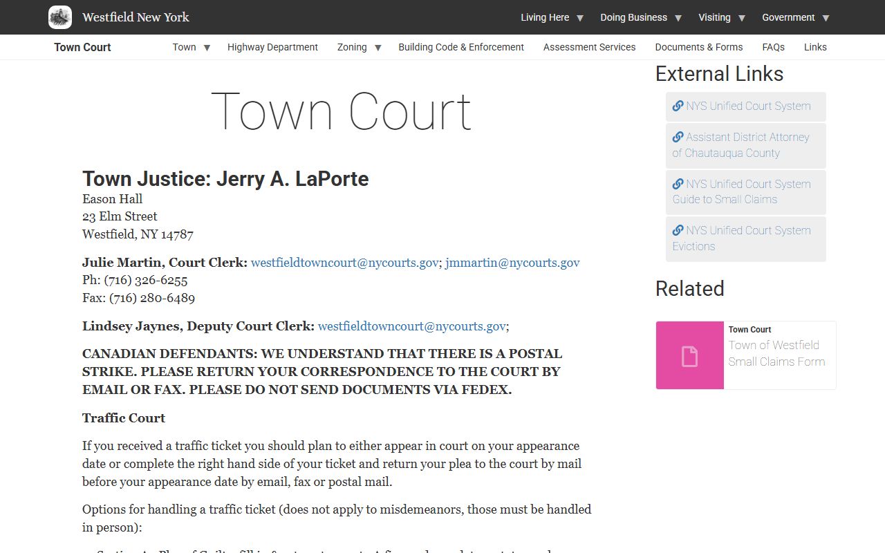 Westfield Town Court for Chautauqua County traffic ticket records