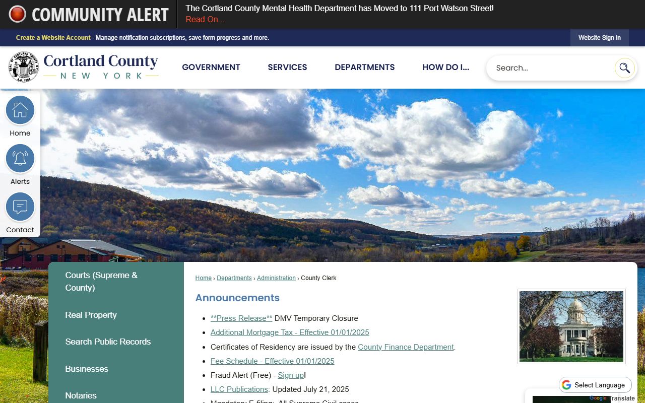 Cortland County Clerk office for traffic ticket records and court documents