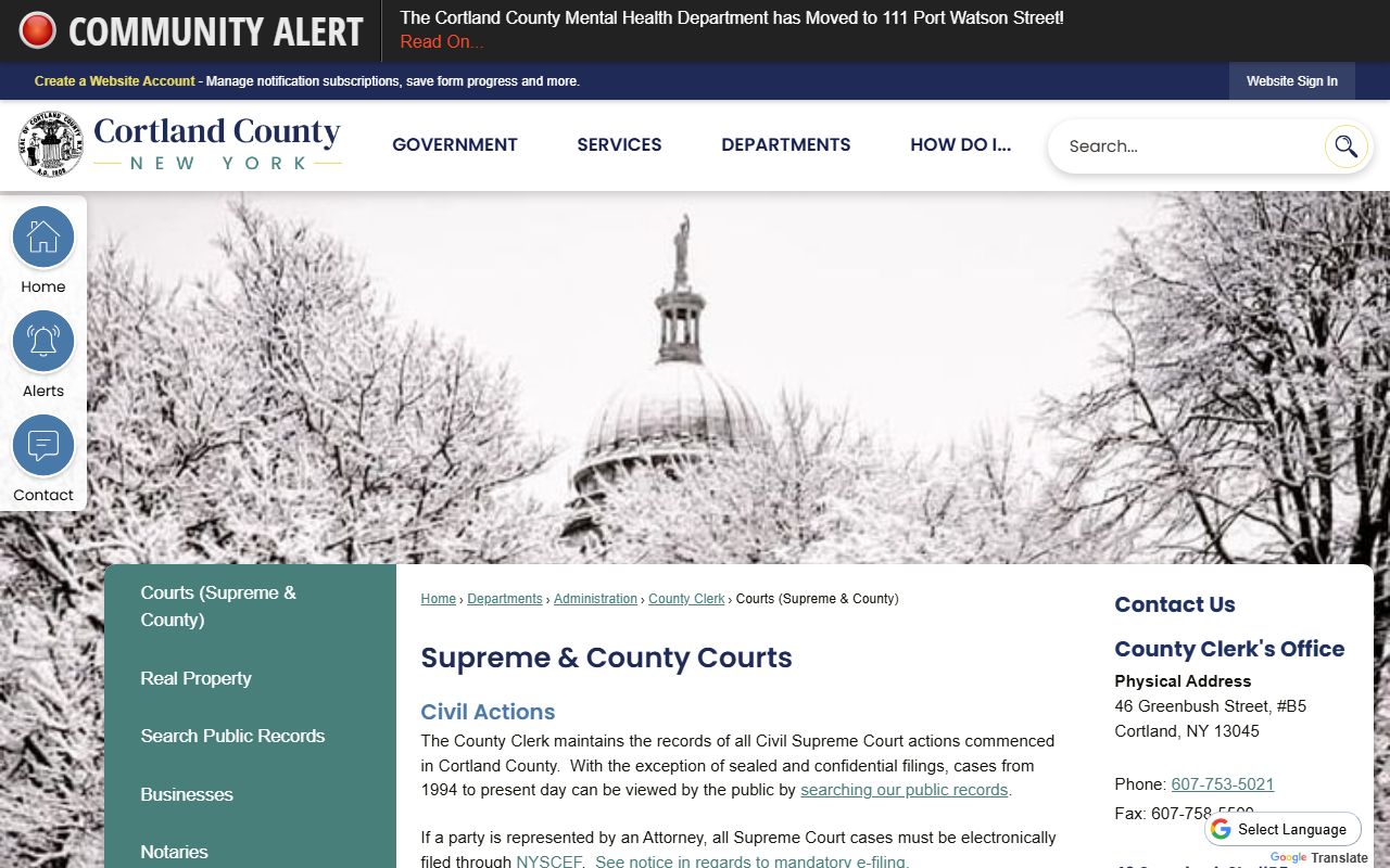 Cortland County Courts handling traffic ticket records and case filings