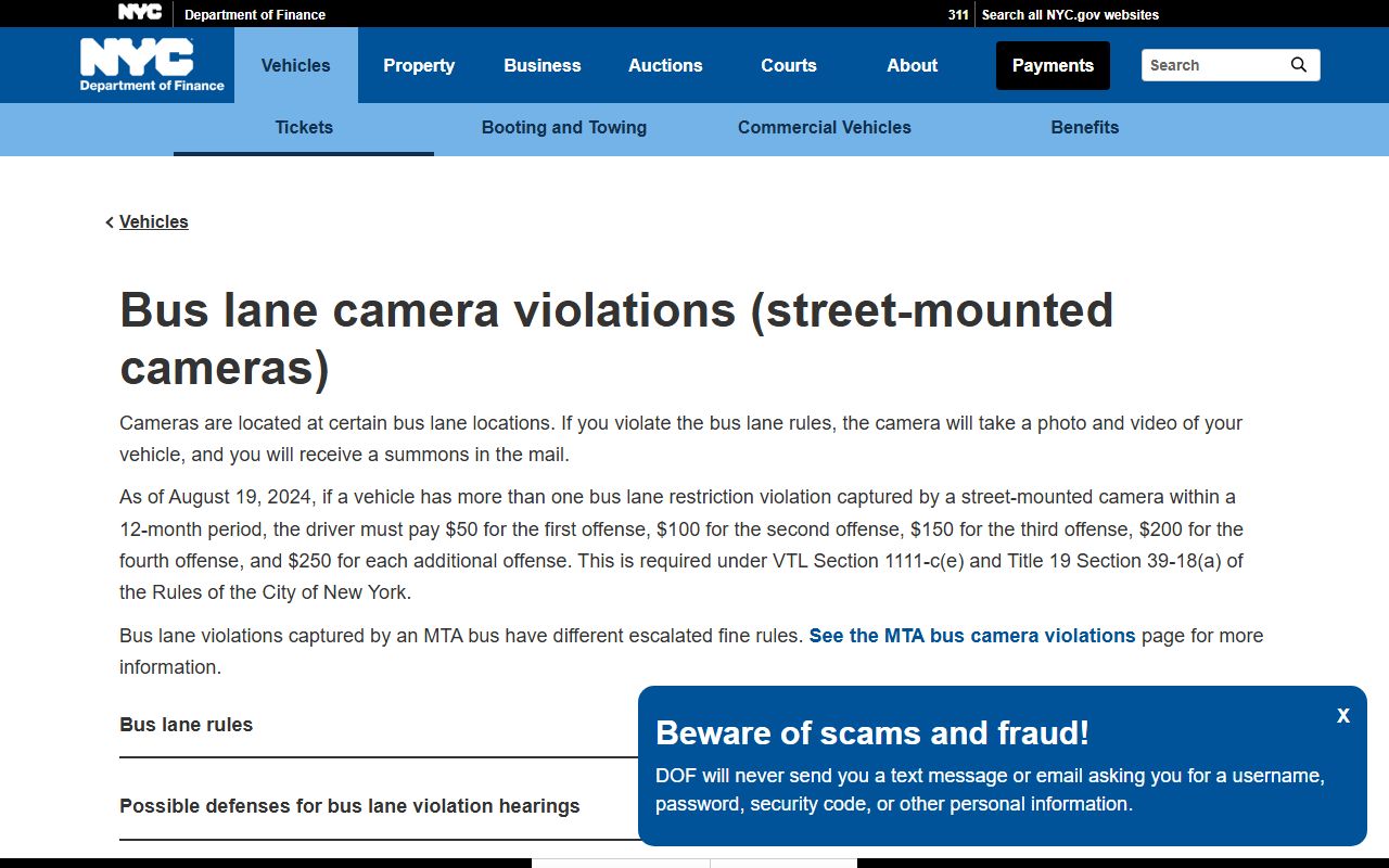 NYC bus lane camera violations page for New York County traffic ticket records