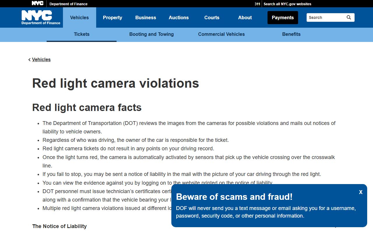 NYC red light camera violations page for New York County traffic ticket records