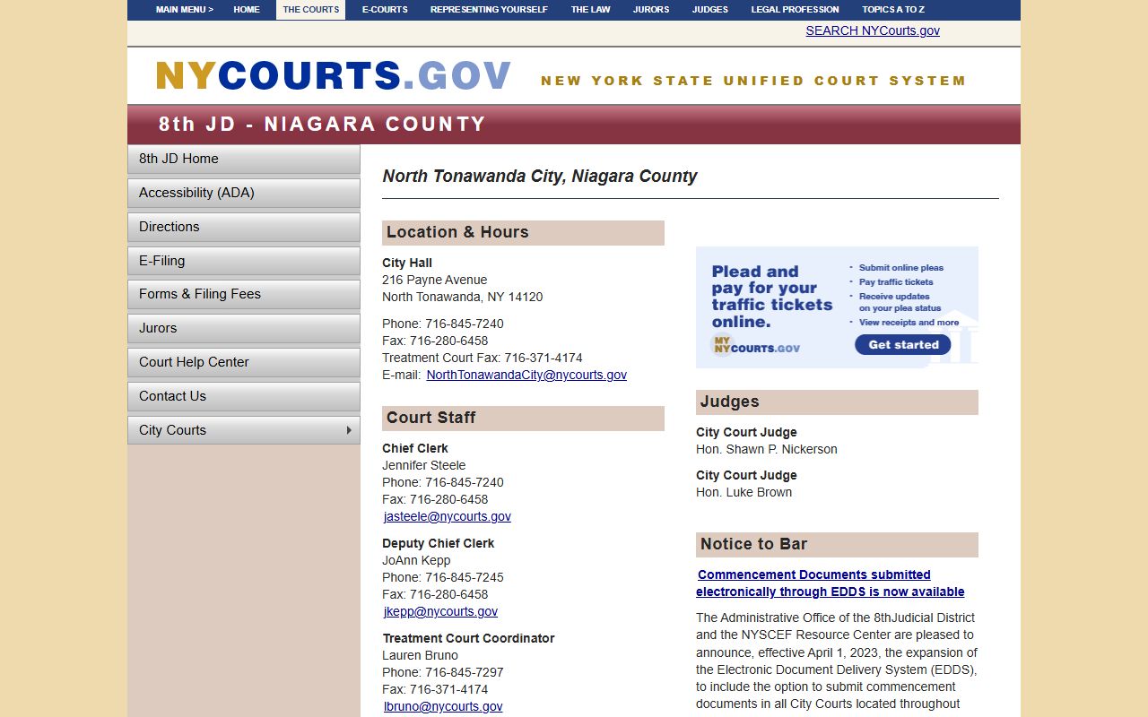 Niagara County courts information page for traffic ticket records