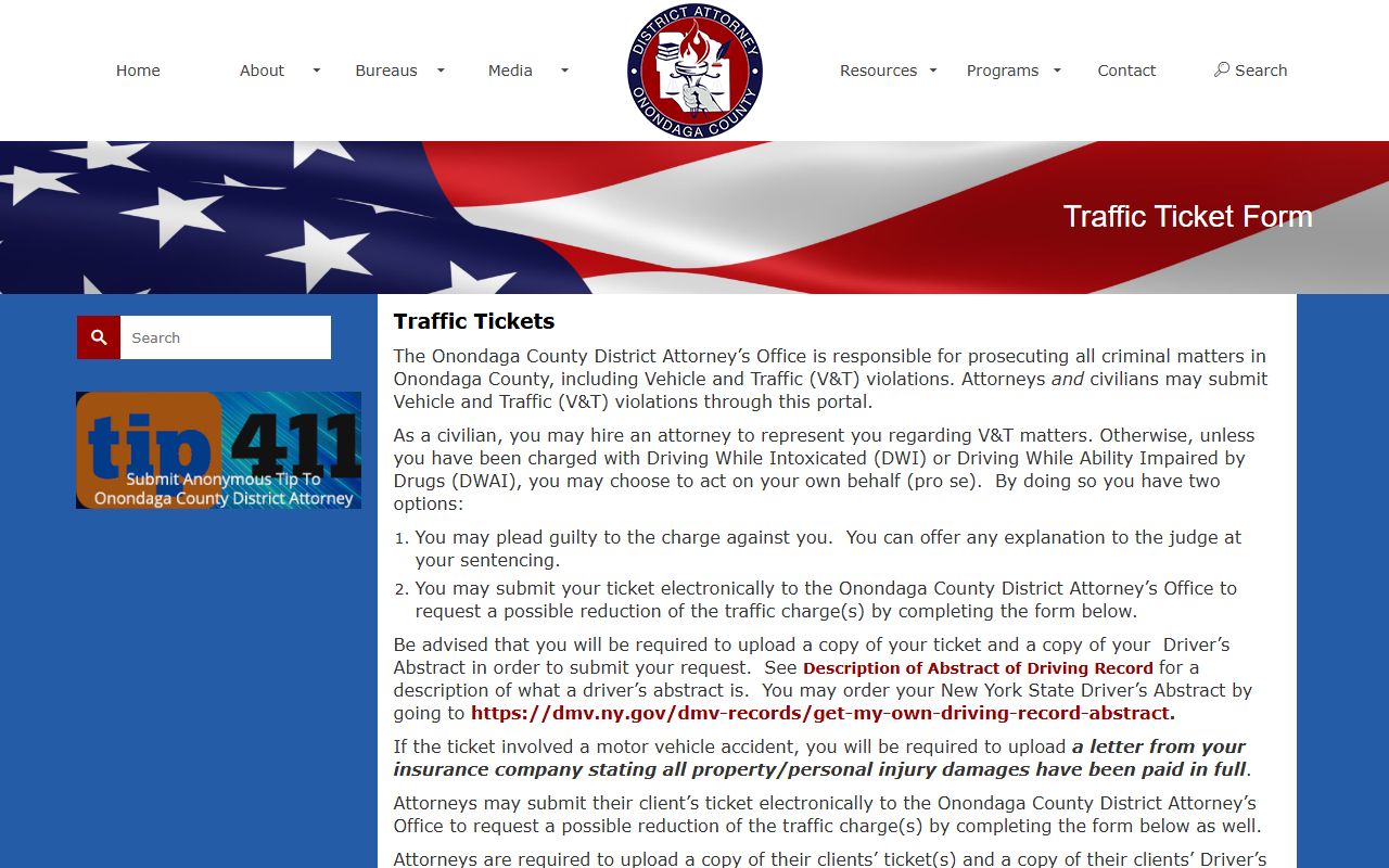 Onondaga County District Attorney traffic ticket portal for Syracuse area traffic ticket records