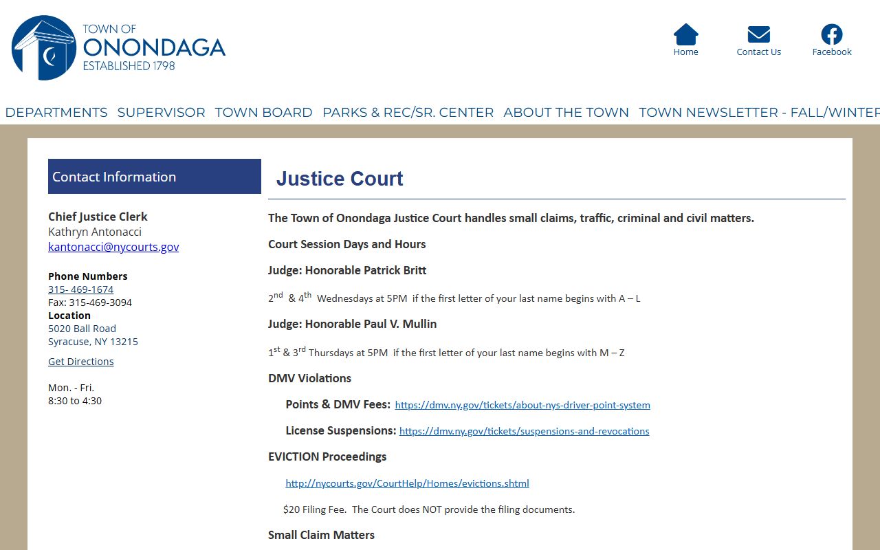 Town of Onondaga Justice Court information for traffic ticket records