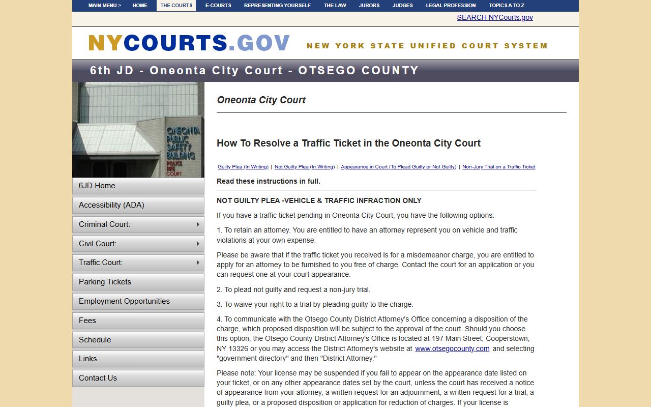 Oneonta City Court traffic ticket resolution procedures for Otsego County records