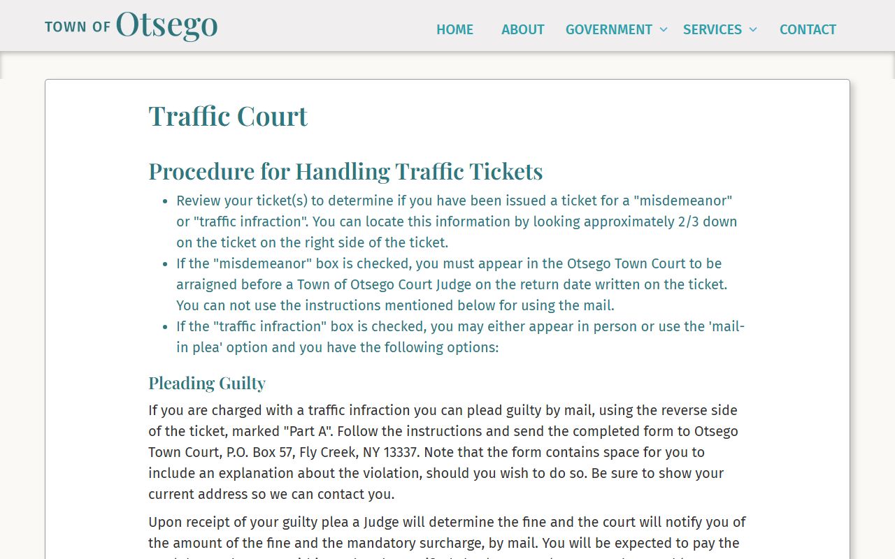 Town of Otsego traffic court procedures for handling traffic ticket records