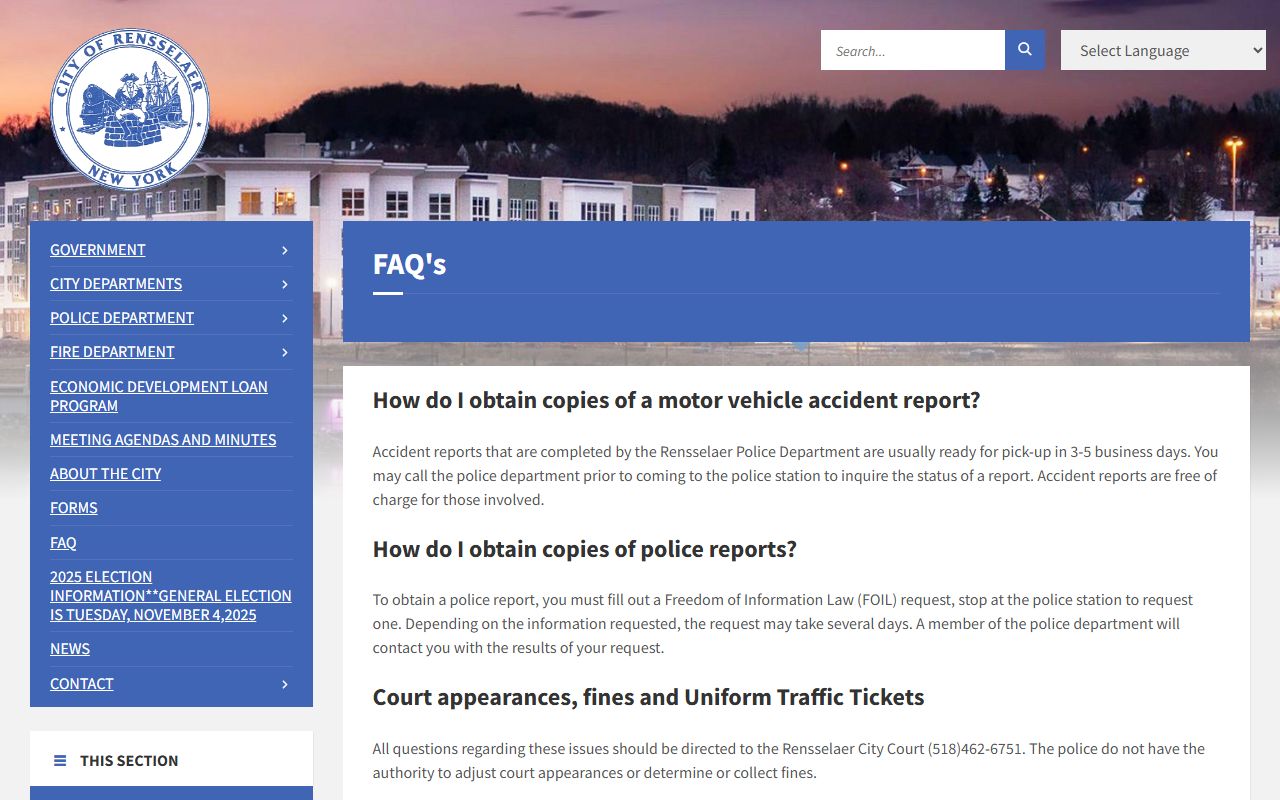 Rensselaer City Police traffic ticket FAQs for Rensselaer County traffic ticket records