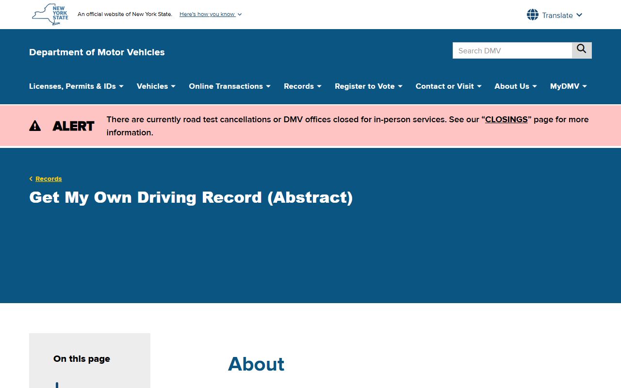 New York DMV driving record abstract showing traffic ticket records