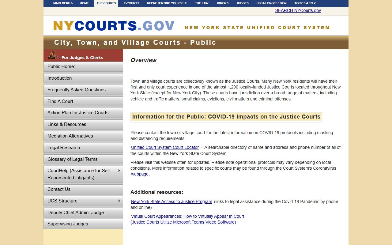 New York State Unified Court System Town and Village Courts directory for traffic ticket records
