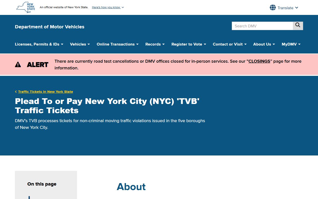 New York DMV TVB system for pleading to or paying traffic ticket records